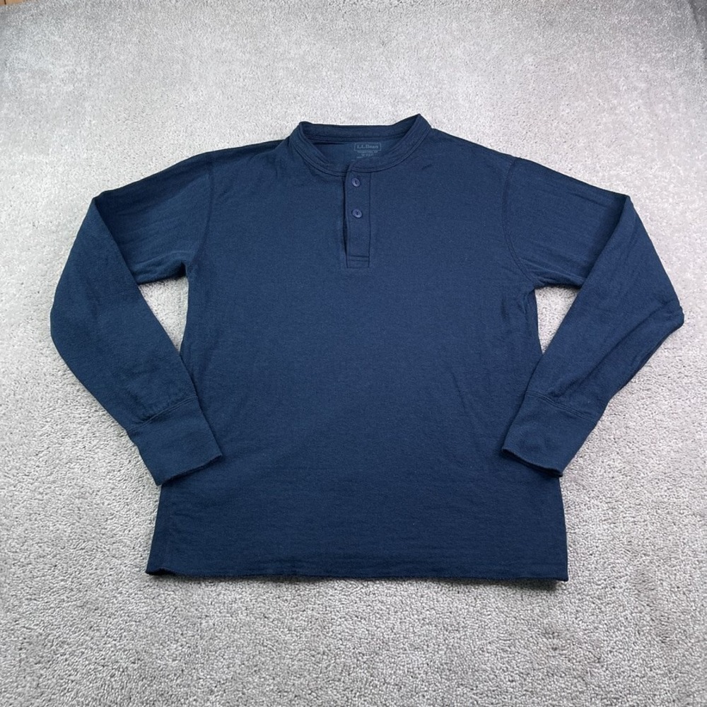 LL Bean Shirt Mens Medium Blue River Driver Henley Thermal Wool Blend Layered